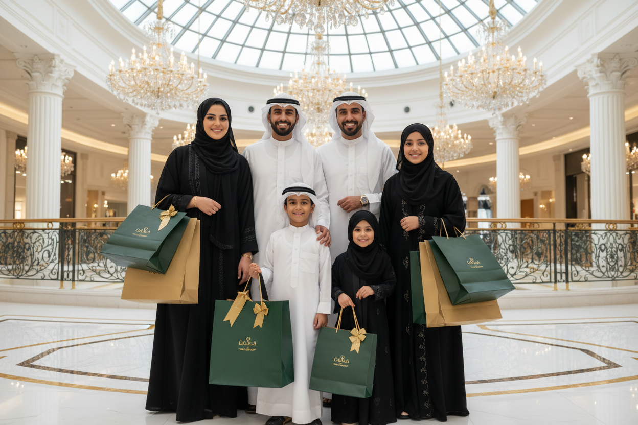 Create a high-resolution banner image for an online store featuring a joyful Saudi Arabian family—men dressed in traditional white thabaya (abaya-style robes) and women wearing elegant black hijabs—standing together in a luxurious upscale shopping mall or high-end boutique interior with opulent chandeliers, marble floors, and gold accents. They hold multiple premium shopping bags in rich gold and green colors, smiling happily with a warm, inviting expression, conveying luxury shopping excitement. Ensure a w