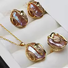 قلادة وأقراط من اللؤلؤ الباروكي الطبيعي من المياه العذبة للنساء،