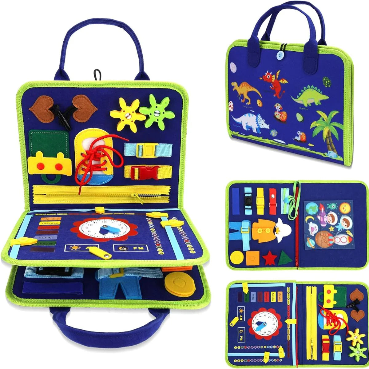 وحة مشغولة للأطفال الصغار، لعبة مونتيسوري مع معرفة الديناصورات لتطوير المهارات الأساسية، الكل في واحد لعبة تعلم ارتداء الملابس للأطفال من عمر 1 إلى 4 سنوات